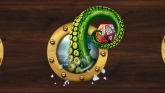 Image of a tentacled arm holding a D20 dice reaching through a porthole on a ship.