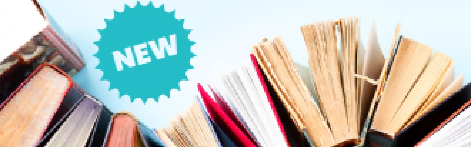Collection of new books displayed on a light blue background, featuring a 'NEW' label, highlighting fresh literary releases and recent publications.