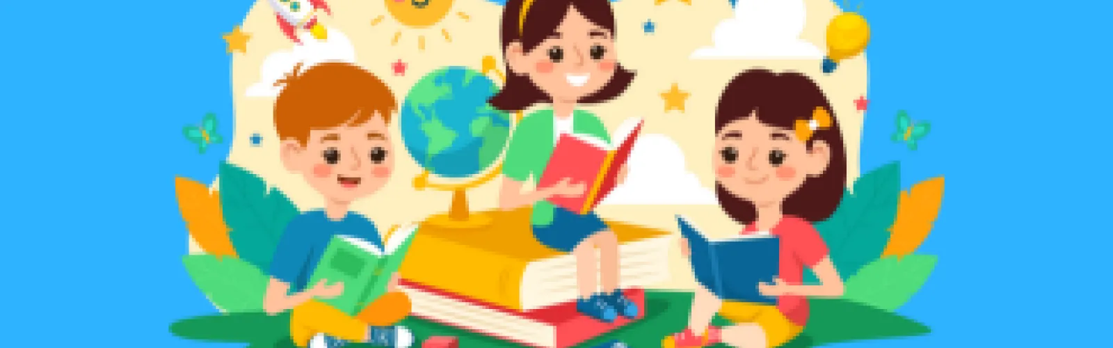 Illustration of three children engaged in learning, sitting on grass with books, a globe, and educational tools, surrounded by playful elements like a sun, rocket, and clouds. Education and creativity concept.